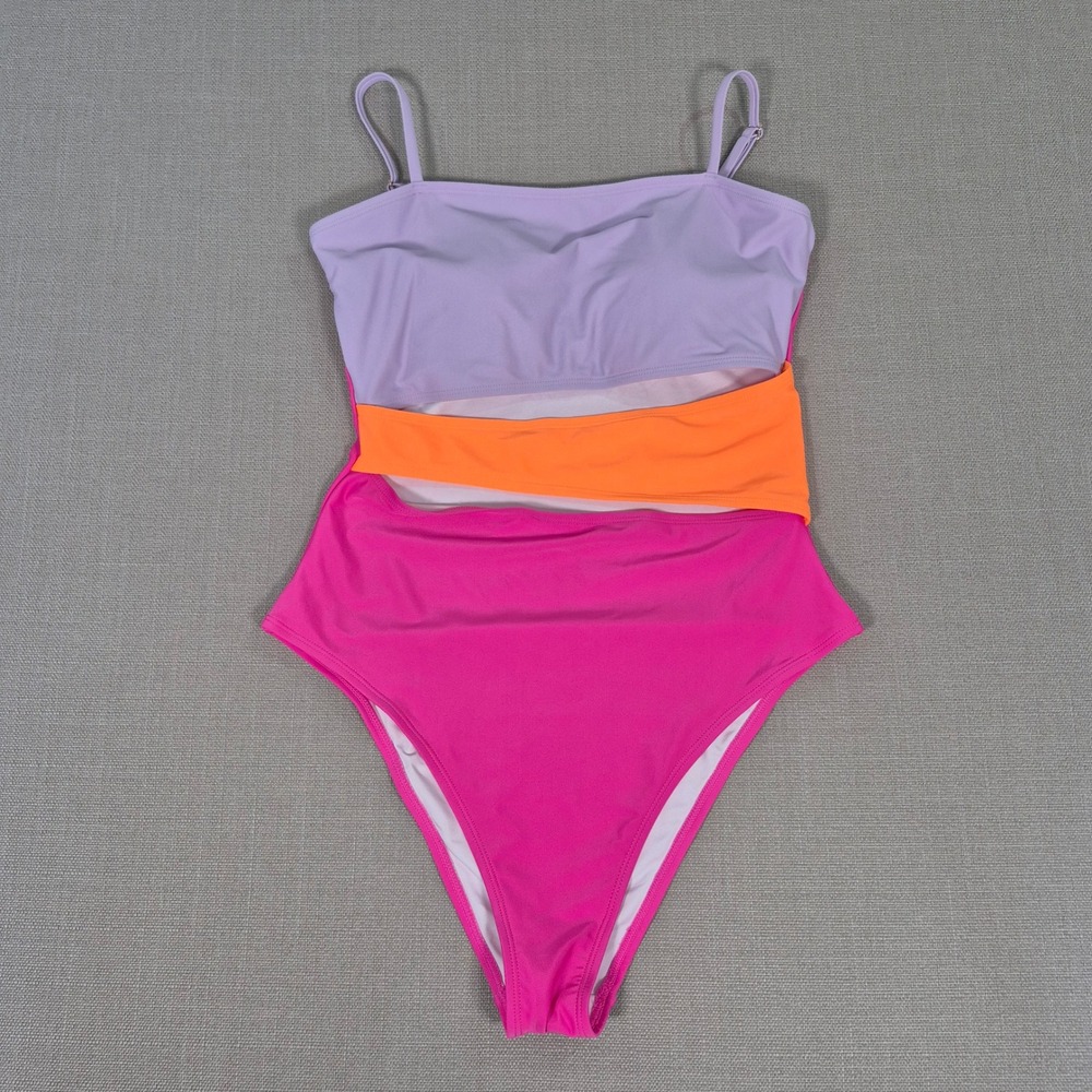 Relleciga Women Colorblock Cutout One Piece Swimsuit Pink Orange Purple L NWT